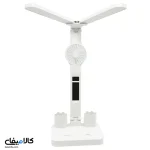 چراغ مطالعه تاشو چندکاره رومیزی LED با پنکه، ساعت و تاریخ و دمای اتاق دیجیتال و شارژر USB